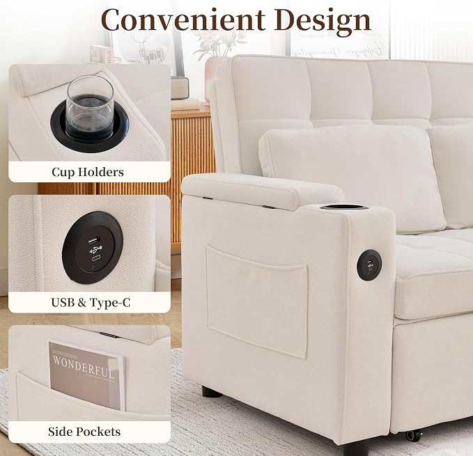 Korser 55.5'' 3-in-1 Convertible Sofa Bed, Pull Out Couch with 5-Position Adjustable Backrest, Loveseat Sleeper Sofa for Small Spaces, Sofa Couch with Cup Holders for Living Room, Office, Chenille