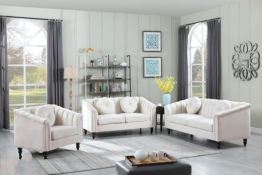 Sectional Sofa Set, Microfiber Chesterfield Upholstered Sofas Loveseat Couch Chair Sets with Style Button Tufted, Scroll Arms and Nailhead for Living Room, Office, Apartment, White,3PCS