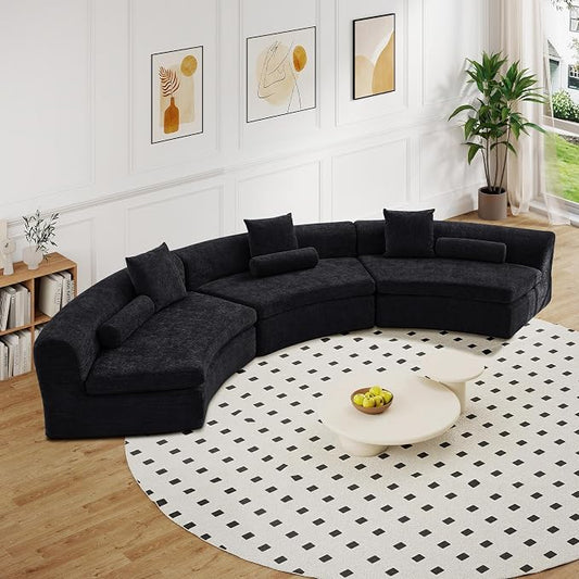 AVZEAR Curved Modular Sectional Sofa, Chenille Upholstered Cloud 3 Seater Couch for Living Room, No Assembly Modern Love Seat Sofa with 3 Bolster Pillows & 3 Square Pillows, High-Density Foam, Black