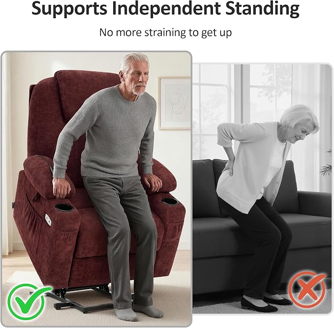 MCombo Power Lift Recliner Chair for Elderly, Lift Chair with Heat and Massage for Tall People, USB&Type C Ports, Extended Footrest, Cup Holders, Fabric 7516(Large,Sangria)