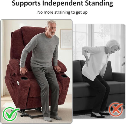 MCombo Power Lift Recliner Chair for Elderly, Lift Chair with Heat and Massage for Tall People, USB&Type C Ports, Extended Footrest, Cup Holders, Fabric 7516(Large,Sangria)