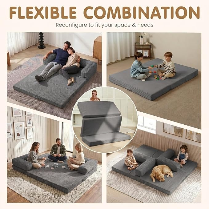 Convertible Sofa Bed King,5-in-1 Folding Boneless Couch Corduroy Futon Sofa Bed,Tri-Fold Mattress with Removable Armrests & Handle,Sleeper with Pull Out Bed for Small Space Living Room Bedroom
