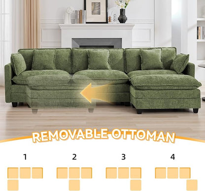 111'' Cloud Deep Seat Sectional Couch, Modern Comfy Chenille L Shaped Sectional Sofa with Movable Ottoman, Upholstered Modular 4-Seater Sofa Couch for Living Room, Green