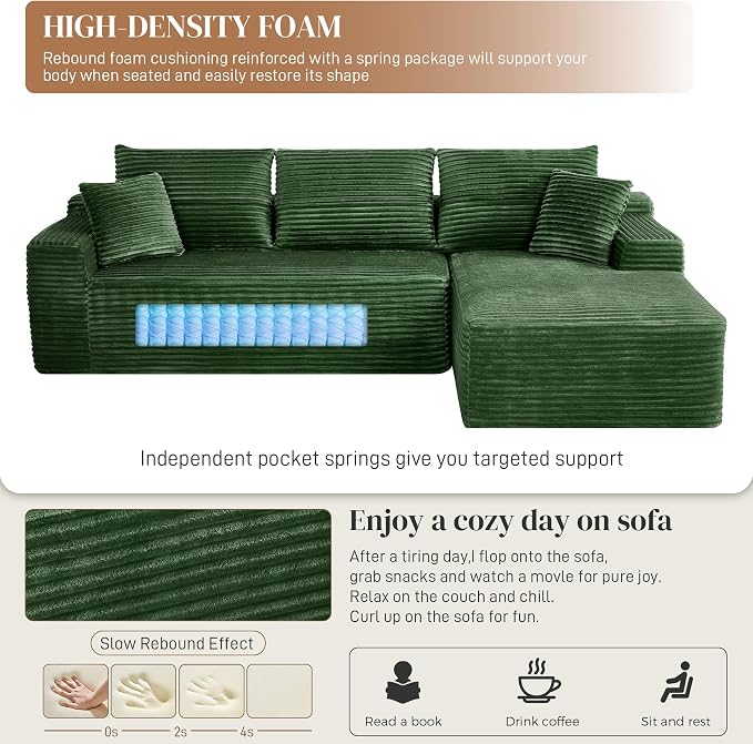 108" L Shaped Cloud Boneless Sectional Couches for Living Room, Modern Comfy Modular Deep Seat Memory Foam Compressed Corduroy Sofa Oversized Right Facing Chaise, No Assembly Required, Green