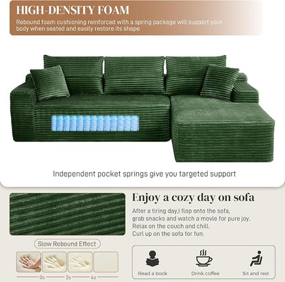 108" L Shaped Cloud Boneless Sectional Couches for Living Room, Modern Comfy Modular Deep Seat Memory Foam Compressed Corduroy Sofa Oversized Right Facing Chaise, No Assembly Required, Green