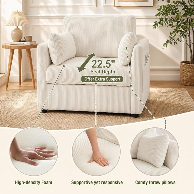 38" Modern Accent Chair, Corduroy Chair with Soft Pillows and Side Pockets, Comfy Single Reading Chairs for Living Room, Bedroom Beige