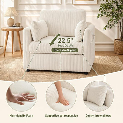 38" Modern Accent Chair, Corduroy Chair with Soft Pillows and Side Pockets, Comfy Single Reading Chairs for Living Room, Bedroom Beige