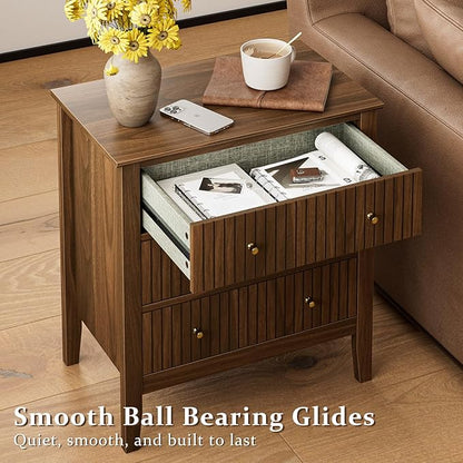 Night Stand, Fluted 3 Drawer Wide Farmhouse Nightstand with Gold Handle, Larger Wider Modern Bedside End Table for Bedroom, Living Room, Walnut