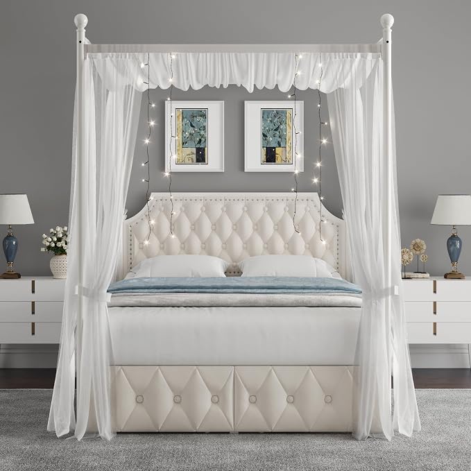 Keyluv Full Upholstered Canopy Bed Frame with 2 Storage Drawers & Button Tufted Headboard, Metal Platform Bed with 4 Removable Posts, Two-Purpose Velvet Bed, Beige/Curtain Not Included