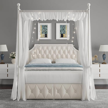 Keyluv Full Upholstered Canopy Bed Frame with 2 Storage Drawers & Button Tufted Headboard, Metal Platform Bed with 4 Removable Posts, Two-Purpose Velvet Bed, Beige/Curtain Not Included