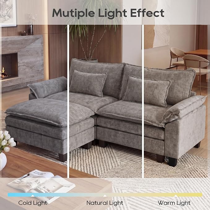 URRED Oversized Modular Sectional Sofa, 87" L Shaped Modern Comfy Cloud Couch with Movable Ottoman & Pillows, Deep Seat Couches for Living Room, Bedroom or Apartment (Chenille Gray, 87" L Shaped)