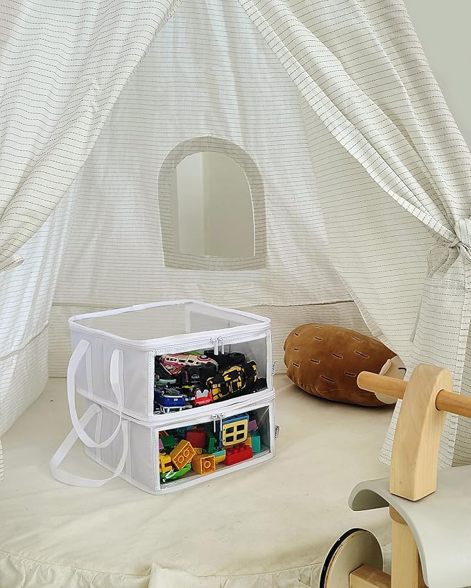 holay 2 Pack Clear Storage Cubes with Lids, 12x12x6 Toy Organizer Bins | Transparent lid & sides; reinforced carry handles; folds flat; holds toys, clothes, books; fits cube shelves
