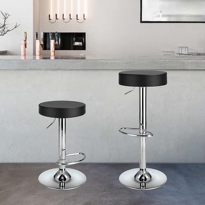 Finnhomy Bar Stools Set of 2 Modern PU Leather, Swivel Barstools with Footrest and Backless Round, Counter Height Adjustable Modern Counter stools for Kitchen, Black