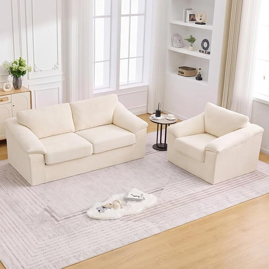 Boneless Couch Sets, Modern Loveseat Sofa with Accent Sofa Chair, Floor Cloud Couch Sets with Extra Comfy Soft Deep Seats for Living Room, Apartment, No Assemby, Set of 2, Beige