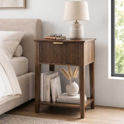 Dark Walnut 15" Wide Small Nightstand with Drawer, Open Shelf, Fluted | Deep wood tone, ribbed fluted front, 11.8-inch slim depth, concealed storage, styled for bedside, sofa side, or chair side