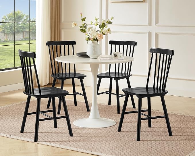 PrimeZone Windsor Dining Chairs Set of 4 - Solid Rubber Wood Farmhouse Kitchen Chair with Spindle Back, Mid-Century Modern Side Dining Chair for Dining Room, Kitchen & Restaurant, Black