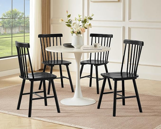 PrimeZone Windsor Dining Chairs Set of 4 - Solid Rubber Wood Farmhouse Kitchen Chair with Spindle Back, Mid-Century Modern Side Dining Chair for Dining Room, Kitchen & Restaurant, Black