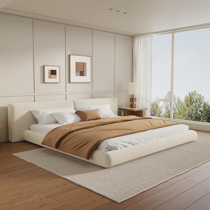 Merax Queen Size Low Profile Floor-Hugging Platform Bed, Platform Bed Frame with 27.45'' Headboard, 800lb WeightCapacity, Upholstered Modern Bed in Fabric, Cream