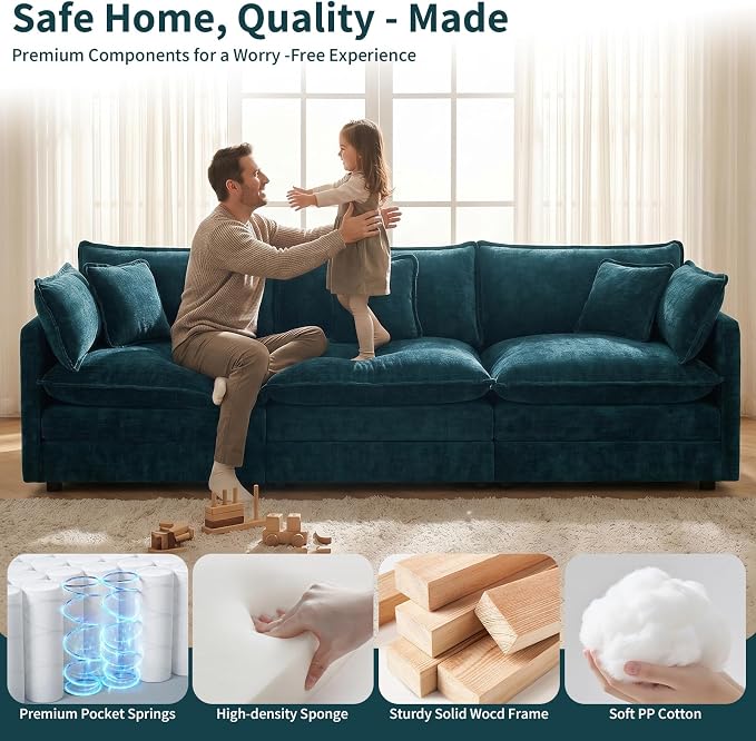 GNIXUU 111.5“ Chenille Modular Sectional Sofa with Movable Ottoman, Comfy Cloud Couch, Deep Seat, 3 Seater Sectional Couches for Living Room, Apartment, Office(Blue)