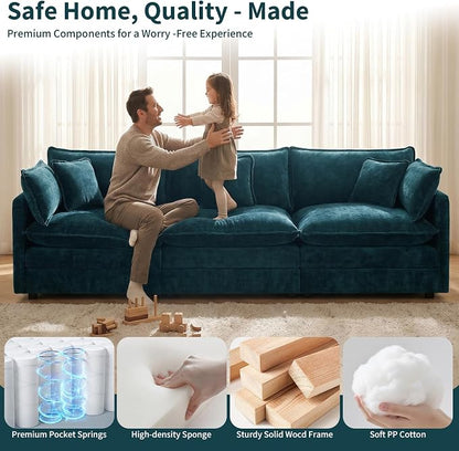 GNIXUU 111.5“ Chenille Modular Sectional Sofa with Movable Ottoman, Comfy Cloud Couch, Deep Seat, 3 Seater Sectional Couches for Living Room, Apartment, Office(Blue)