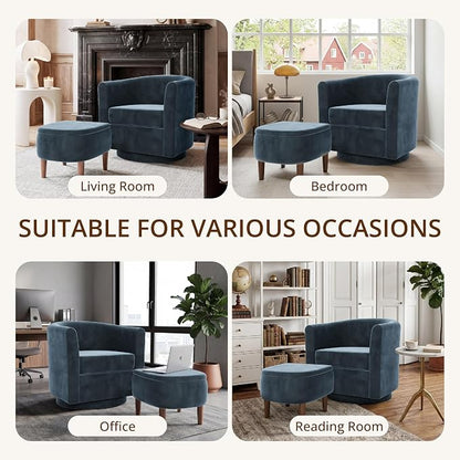 Swivel Accent Chair with Storage Ottoman, Small Modern Velvet Barrel Chair, Upholstered Armchair with Footrest for Living Room/Reading/Bedroom, 24.8'' D x 25.38'' W x 25.6'' H, Blue