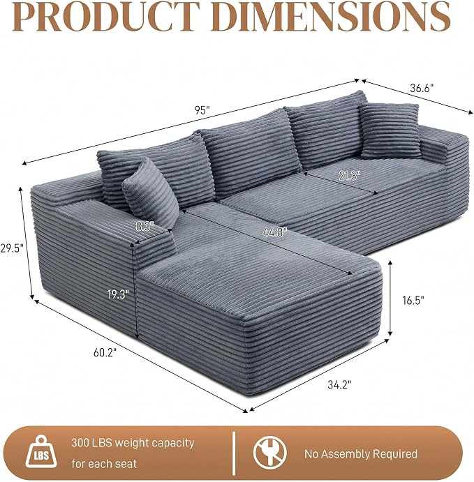95" L Shaped Cloud Boneless Sectional Couches for Living Room, Modern Comfy Modular Deep Seat Memory Foam Compressed Corduroy Sofa Oversized Left Facing Chaise, No Assembly Required, Grey