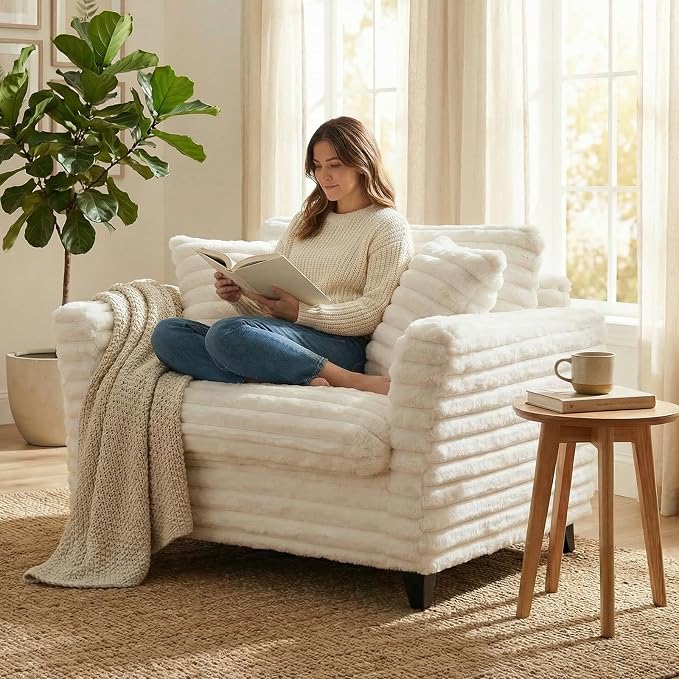 ERYE 46.9" Corduroy Upholstered Accent Chair Wide Seat Armchair for Living Room Bedroom, Modern Cloud Cushion Armchair W/ 2 Pillows and Wooden Legs for Home Apartment Office