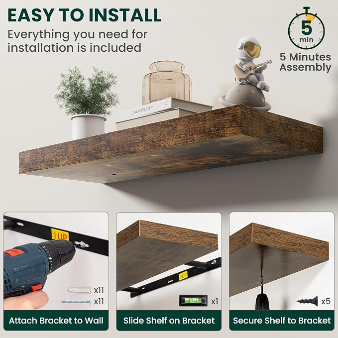 Floating Shelves for Wall, 16 Inch x 8 Inch Deep Wall Mounted Wood Shelf with Invisible Brackets for Storage & Display, Living Room Bedroom Kitchen, Rustic Brown, Set of 2