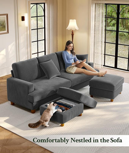 Welzona 87.2" Couches for Living Room, Comfy U Shaped Couch Grey 7.5" Thicker Cushion, Sofas for Living Room Tool-Free Setup, Loveseat with Ottoman 848lbs Support, Corduroy Couch for Bedroom, Office
