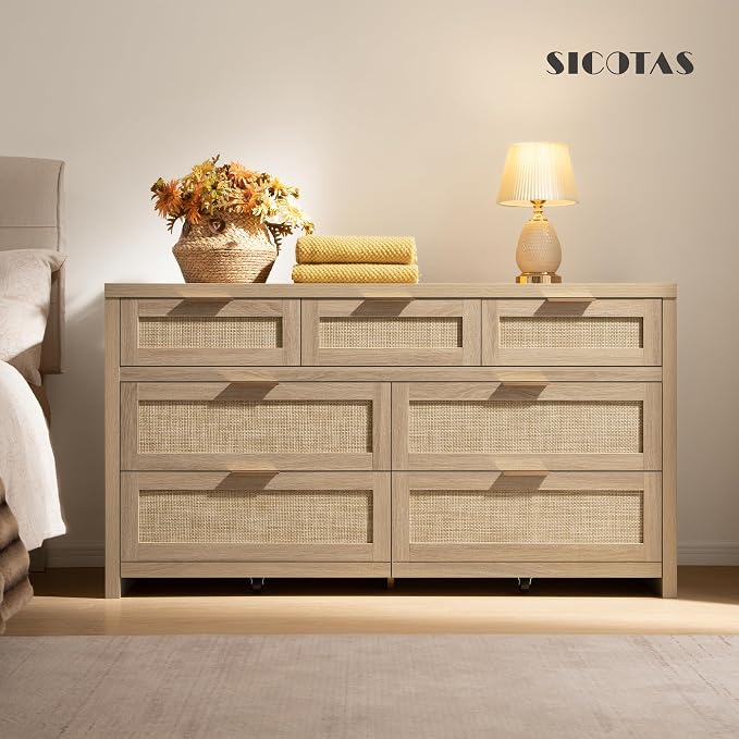 SICOTAS 7 Drawer Dressers for Bedroom Set 2, Long Rattan Dresser, Dresser TV Stand, Closet Organizer Chest of Drawers, Clothes Storage Dressers (Reclaimed Light Oak, 7 Drawers (2 pcs))