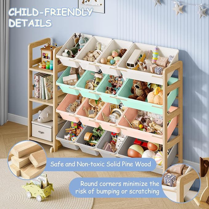 EXPERLAM Toy Storage Organizer, Toy Storage Shelf with 3 Shelves and 16 Storage Bins (12 Small + 4 Large), 3-in-1 Kids Bookshelf for Kids Rooms, Playroom, Nursery, Multi