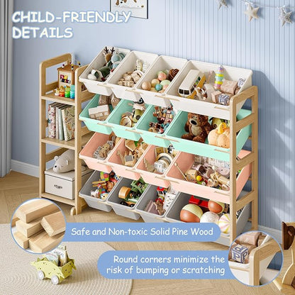 EXPERLAM Toy Storage Organizer, Toy Storage Shelf with 3 Shelves and 16 Storage Bins (12 Small + 4 Large), 3-in-1 Kids Bookshelf for Kids Rooms, Playroom, Nursery, Multi