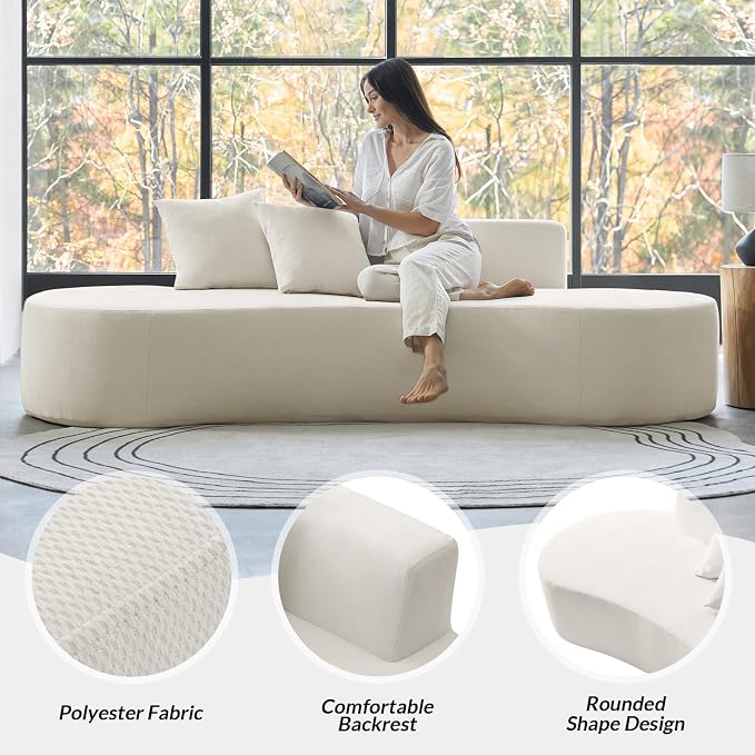 94.5" Boneless Sofa with 2 Pillows, 3 Seater Compressed Foam Sofa with Half Moon Design & Deep Seat, No Assembly Required, Modern Cloud Couch for Living Room, Ivory