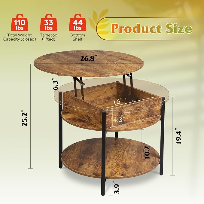 WLIVE Round Lift Top Coffee Table with Storage Shelf and Hidden Compartment, Farmhouse Small Coffee Table with 2 Tier for Living Room and Home Office, Rustic Brown