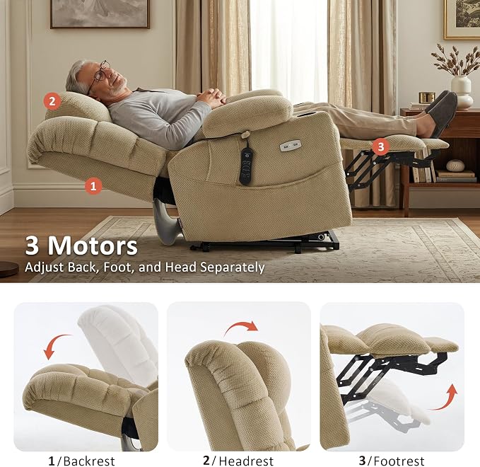 MCombo Triple Motor Lay Flat Power Lift Recliner Chair for Tall Elderly, Infinite Position, Massage, Dual Heating, Adjustable Headrest, Fabric 7634 (Beige, Large)