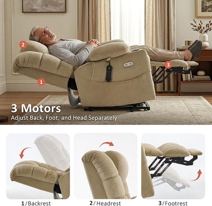 MCombo Triple Motor Lay Flat Power Lift Recliner Chair for Tall Elderly, Infinite Position, Massage, Dual Heating, Adjustable Headrest, Fabric 7634 (Beige, Large)