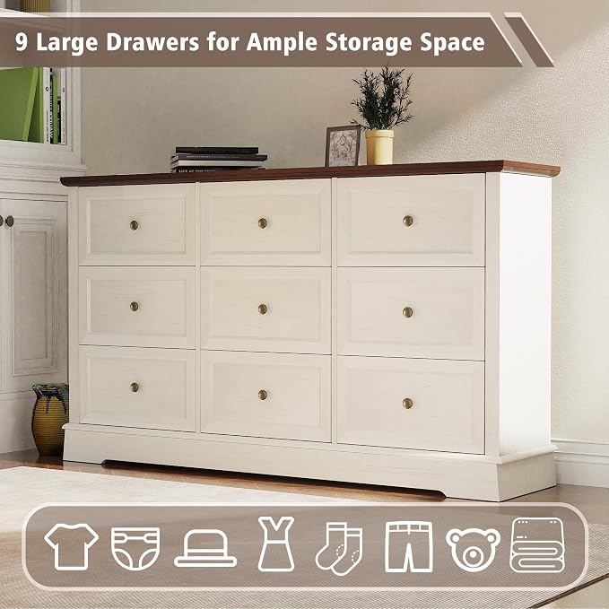 KIGOTY Farmhouse Bedroom Set, 3 Pcs Dresser and Nightstand Sets, 9 Drawer Dresser & 2 Drawer Nightstand Set with Charging Station,Rustic Wood Bedroom Furniture Set for Home
