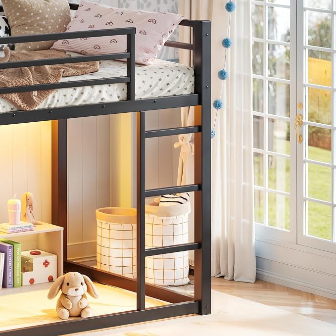 Bellemave Twin Over Twin Bunk Bed with Storage Shelves & 4 Drawers,Heavy Duty Metal Bunk Bed for Teens with LED Lights, Low Bunk Beds for Kids with Guardrails & Ladder, No Box Spring Needed, Black