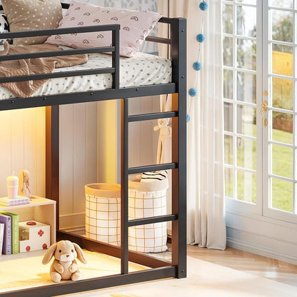 Bellemave Twin Over Twin Bunk Bed with Storage Shelves & 4 Drawers,Heavy Duty Metal Bunk Bed for Teens with LED Lights, Low Bunk Beds for Kids with Guardrails & Ladder, No Box Spring Needed, Black