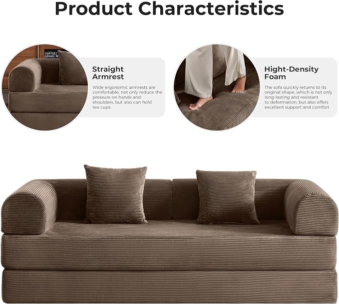79" 5-in-1 Convertible Sofa Bed No Assembly, Boneless Couch Bed with High Density Foam, Foldable Sleeper Sofa, Corduroy Modular Couch for Apartment, Studio, Dorm Room, Small Space, Brown