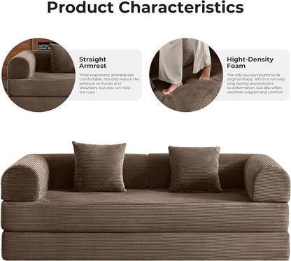 79" 5-in-1 Convertible Sofa Bed No Assembly, Boneless Couch Bed with High Density Foam, Foldable Sleeper Sofa, Corduroy Modular Couch for Apartment, Studio, Dorm Room, Small Space, Brown