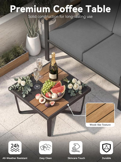 4-Piece Patio Furniture Set with Coffee Table & Removable Washable Cushions, All-Weather Metal Frame and Wood-Like Armrests for Porch, Garden, Balcony,Black