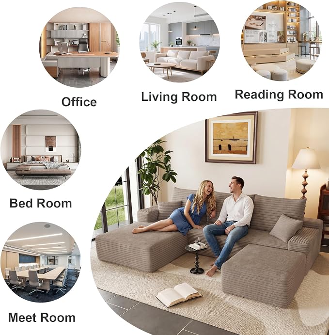 95" Cloud Sectional Couch U-Shaped Chaise with Ottoman, Corduroy Boneless Couch for Living Room Bedroom, Deep-Seat Upholstered Modular Cloud Sofa, No Assembly Required (Camel, Left Facing Chaise)