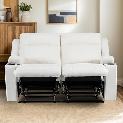55" RV Loveseat Recliner – Space-Saving Double Reclining RV Sofa, Compact Theater Seating with Cup Holders & Storage Pocket, Beige Chenille Couch for Camper, Motorhome & Home Theater
