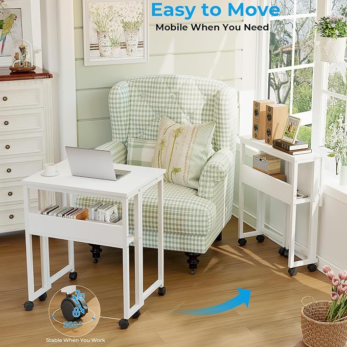 GreenForest Folding Desk with Wheels, 31.5 Inch Compact Rolling Computer Table with Storage Shelf, Portable Mobile Workstation for Small Spaces, Easy Assembly, Pure White
