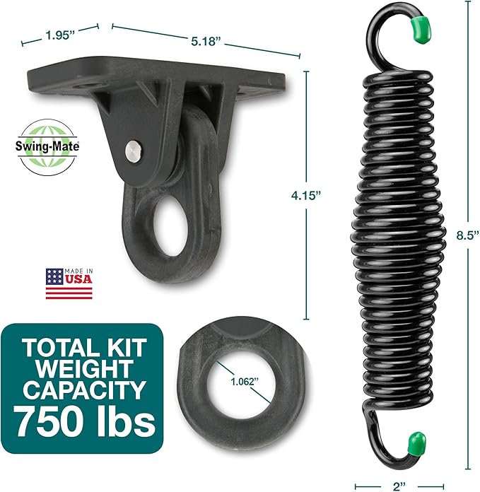 SwingMate Porch Swing Hanging Kit - 750 Lbs. Capacity - Proudly Made in The USA - Patented Heavy-Duty Suspension Swing Hangers and Springs for Hammock Chairs or Ceiling Mount Porch Swings - (Chrome)