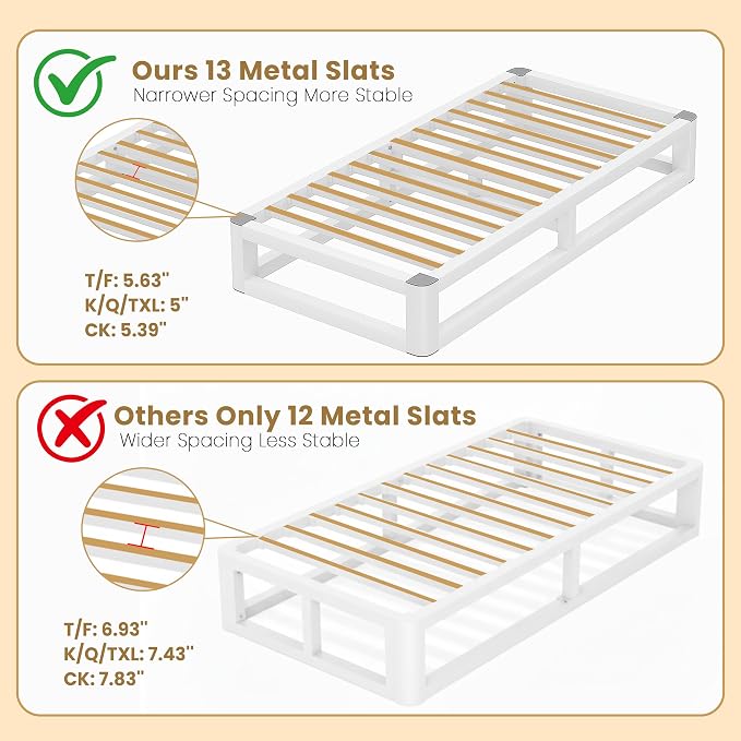 10 Inch Twin Bed Frames with Rounded Corner and Squeak Free U-Slot Design, Metal Platform Bed Frames 6 Non-Slip Guards, 3500lbs Heavy Duty Steel Slat Support, No Box Spring Needed, White