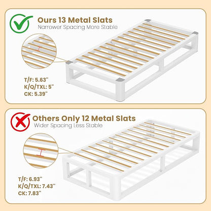 10 Inch Twin Bed Frames with Rounded Corner and Squeak Free U-Slot Design, Metal Platform Bed Frames 6 Non-Slip Guards, 3500lbs Heavy Duty Steel Slat Support, No Box Spring Needed, White