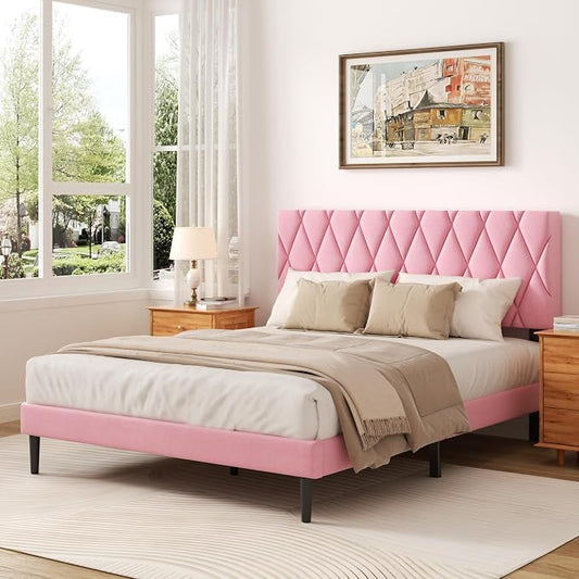 CXVX Full Size Bed Frame with Diamond Tufted Headboard, Velvet Upholstered Platform Bed and Wooden Slat Support, Noise-Free, No Box Spring Needed, Easy Assembly, Pink