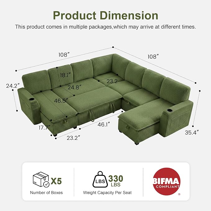 Oversized Sectional Sleeper Sofa with Pull Out Bed, Plush Corduroy 9 Seat Modular Sofa with Storage Chaise and Adjustable Backrest, Cloud Couches for Living Room, Apartment, Green